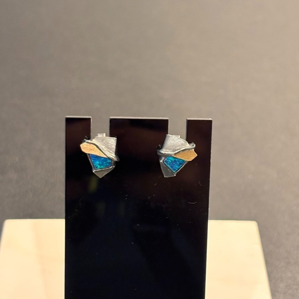 Handcrafted Sterling Silver Stamped Opal In-lay modernist abstract stud earrings